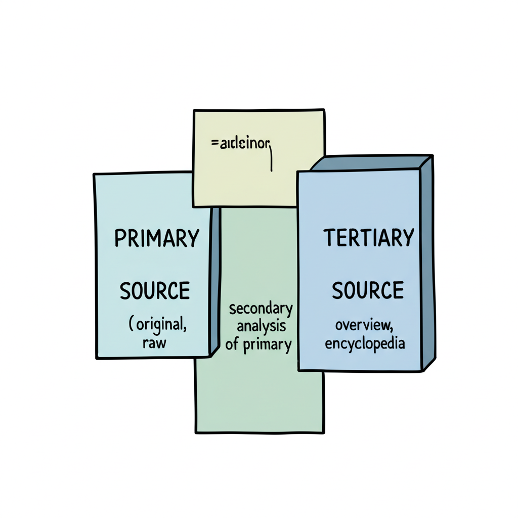 Diagram showing the hierarchy and relationship between primary, secondary, and tertiary source types with examples of each
