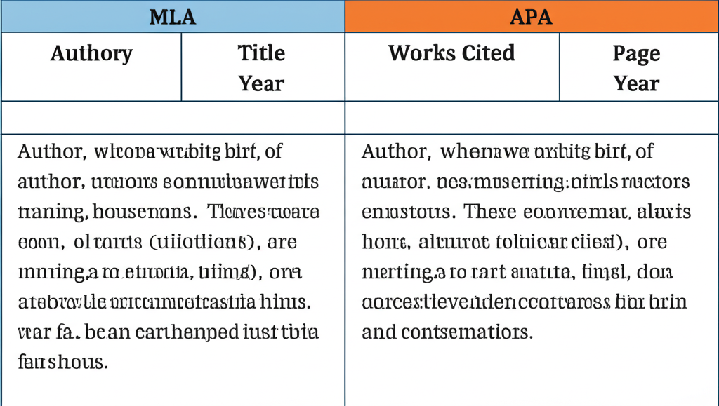 Comparison of MLA and APA citation formats showing in-text citation examples and Works Cited entry structures