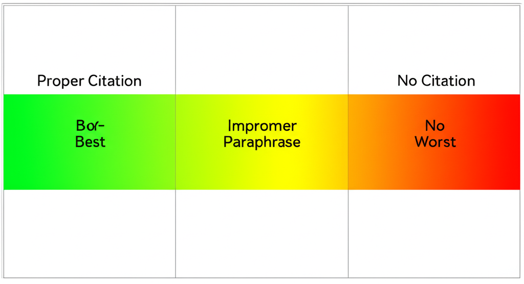 The plagiarism spectrum showing a gradient from proper citation through paraphrasing issues to direct copying, with examples of each level