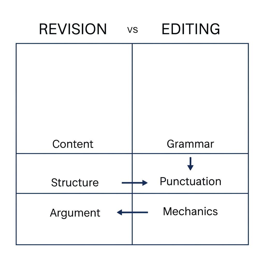 The writing refinement process showing stages from drafting through revision, editing, and proofreading, with each stage narrowing the focus from big-picture ideas to surface-level errors