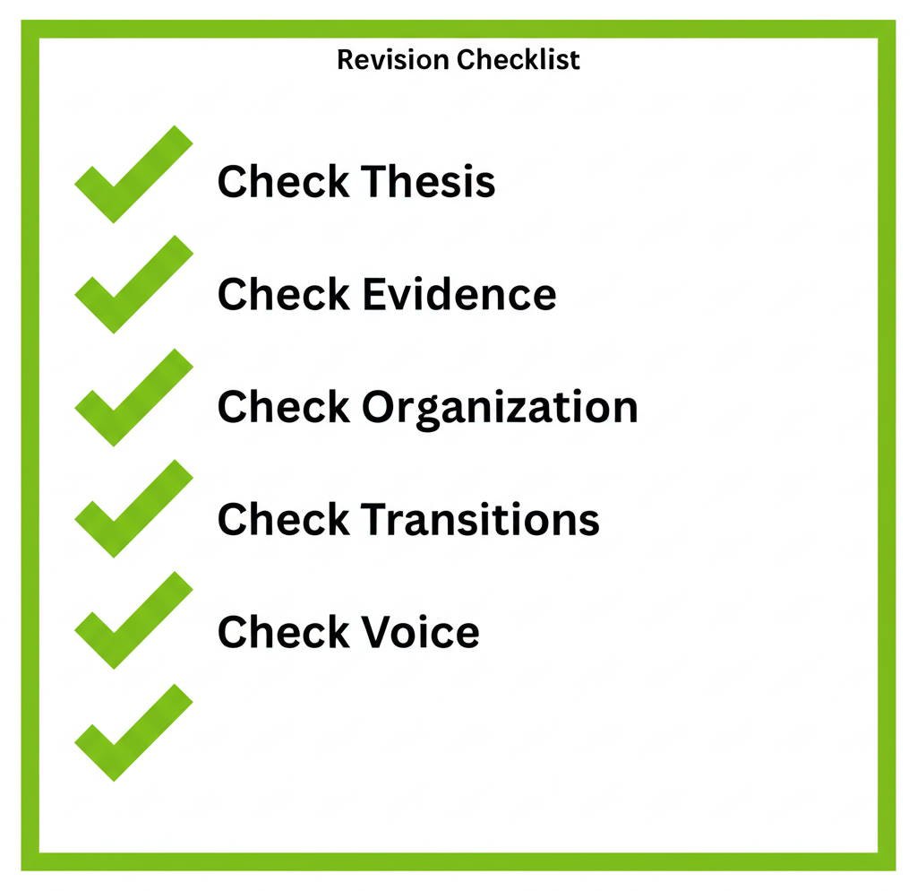 A comprehensive revision and editing checklist organized into big-picture revision items and sentence-level editing items