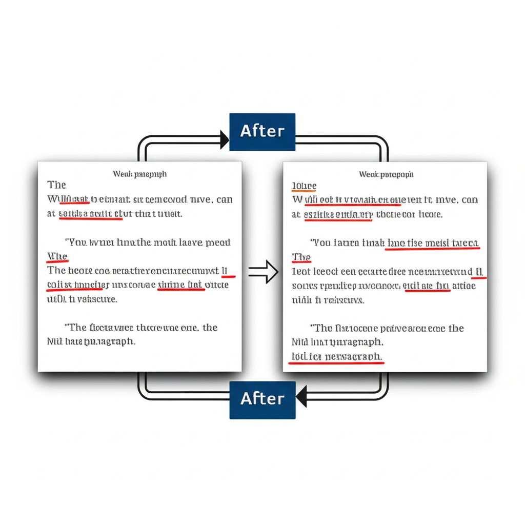 Before and after examples showing how revision transforms weak writing into strong writing through specific techniques like adding details, cutting fluff, and strengthening verbs