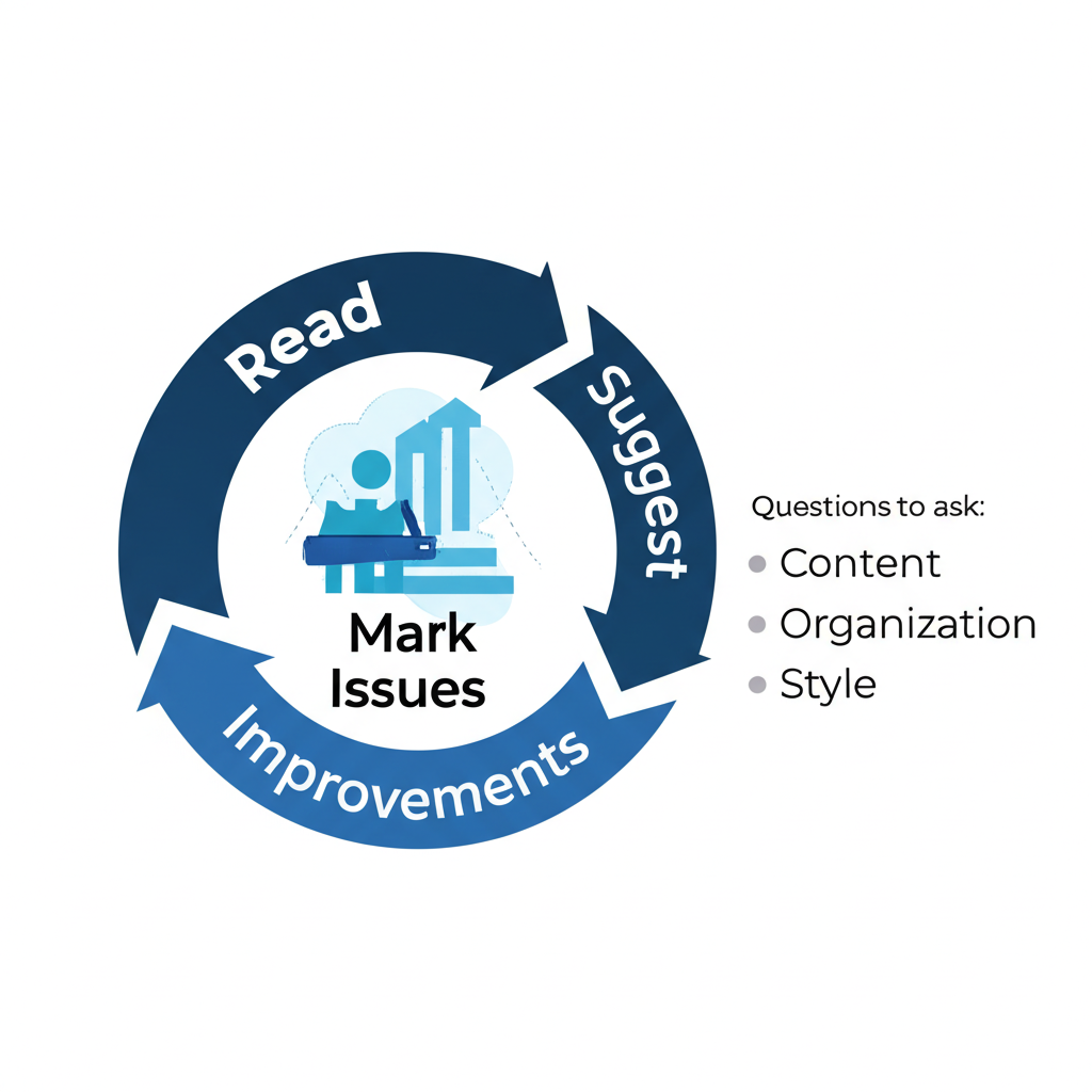 The peer review process showing how to give constructive feedback by being specific, kind, and helpful, and how to receive feedback gracefully by listening, taking notes, and thanking reviewers