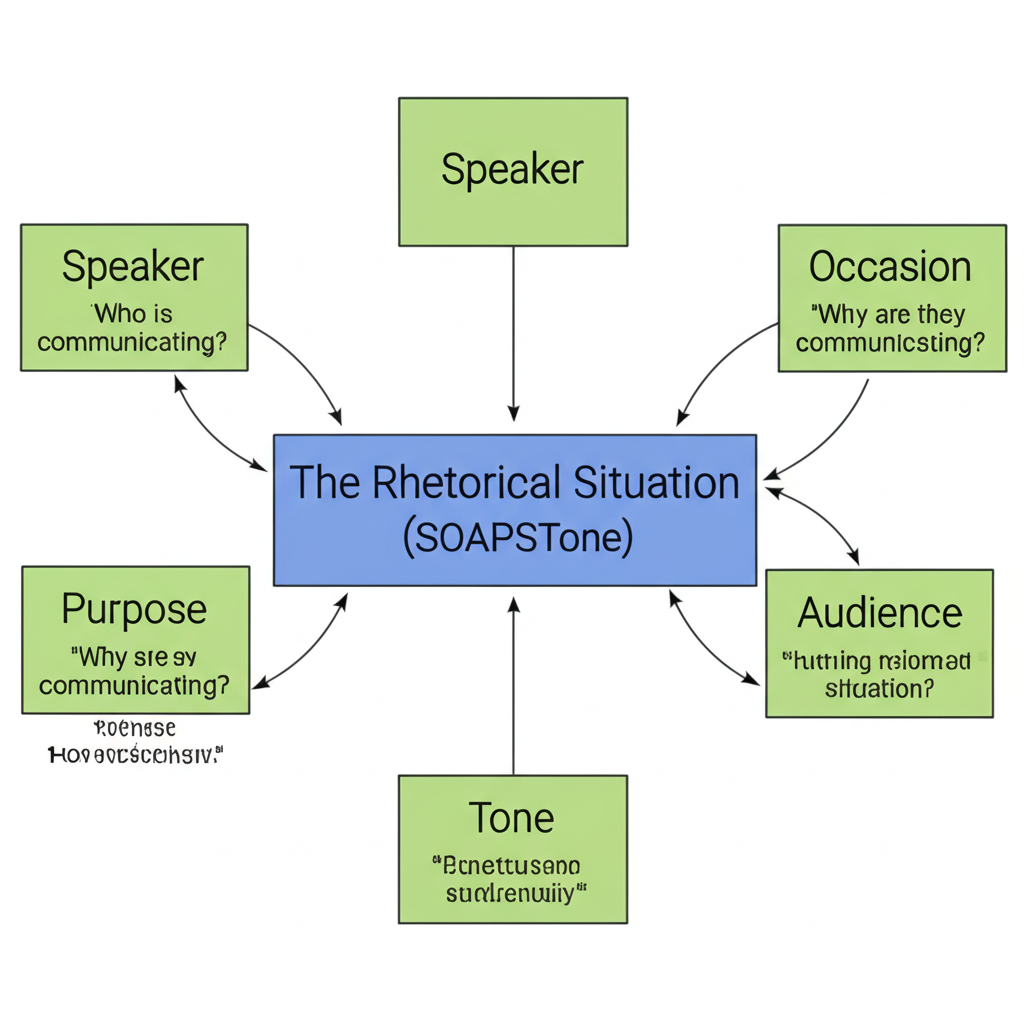 Diagram showing the Rhetorical Situation (SOAPSTone) framework with six elements: Speaker, Occasion, Audience, Purpose, Subject, and Tone branching out from a central block