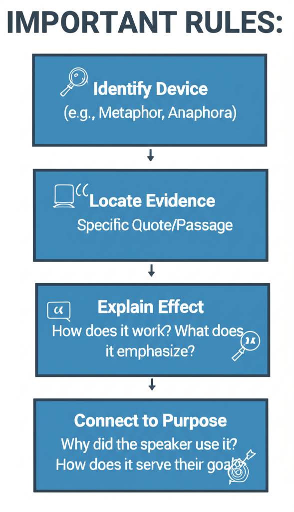 Process diagram for analyzing a rhetorical device: 1. Identify Device, 2. Locate Evidence, 3. Explain Effect, 4. Connect to Purpose