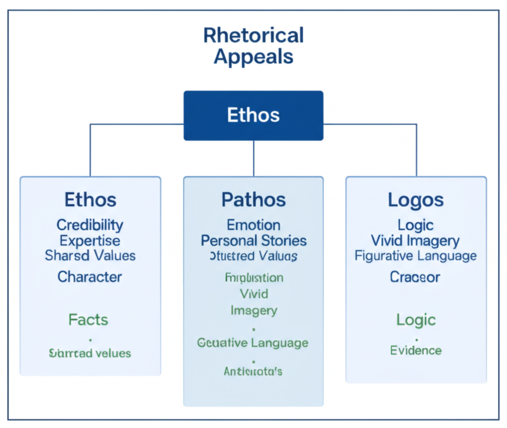 Classification tree diagram showing three types of rhetorical appeals: Ethos (Credibility, Expertise, Shared Values, Character), Pathos (Emotion, Personal Stories, Vivid Imagery, Figurative Language), and Logos (Facts, Statistics, Logic, Evidence, Reason)