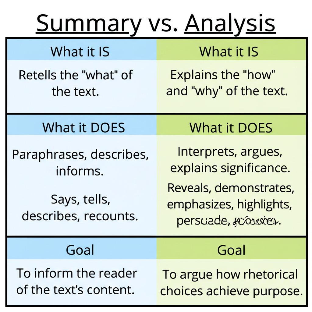 Comparison chart showing Summary (retells the what, paraphrases, describes) vs. Analysis (explains the how and why, interprets, argues significance)