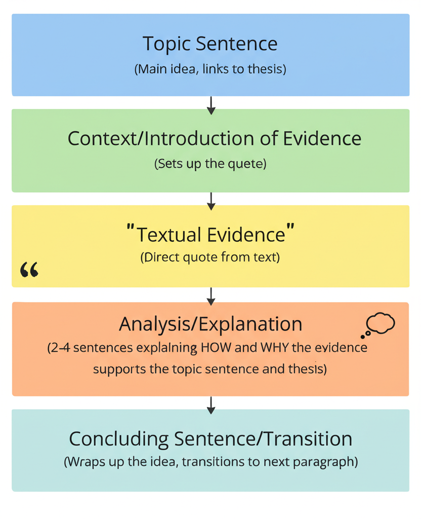 Analytical paragraph structure diagram showing: Topic Sentence, Context/Introduction of Evidence, Textual Evidence, Analysis/Explanation, and Concluding Sentence/Transition