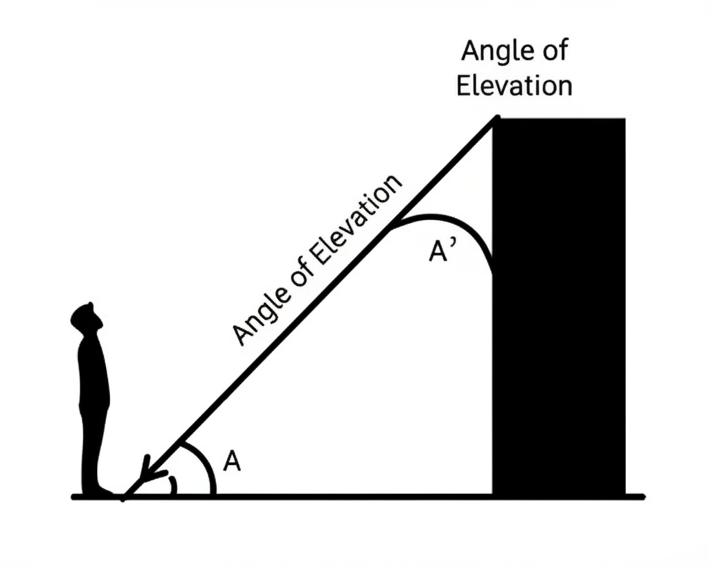 Person looking up at a building with the angle of elevation labeled between the horizontal and the line of sight