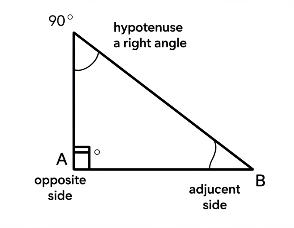 Right triangle with hypotenuse, opposite, and adjacent sides labeled relative to a reference angle