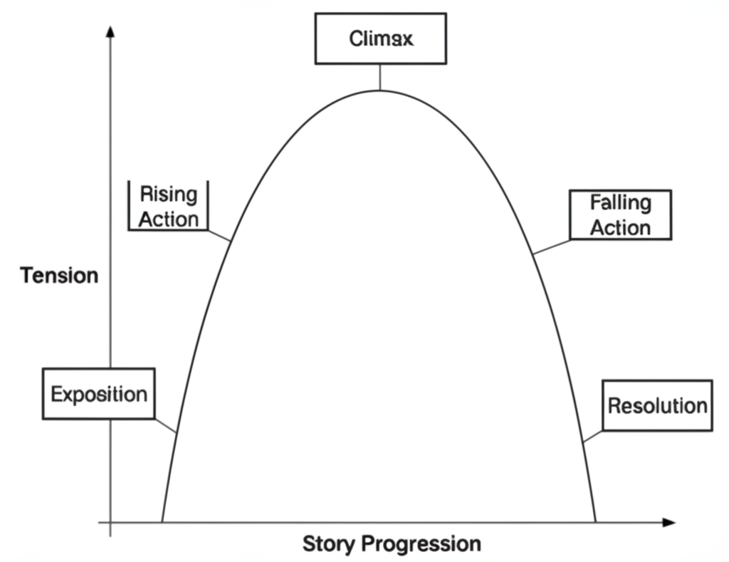 Diagram showing the story arc: Exposition, Rising Action, Climax, Falling Action, and Resolution