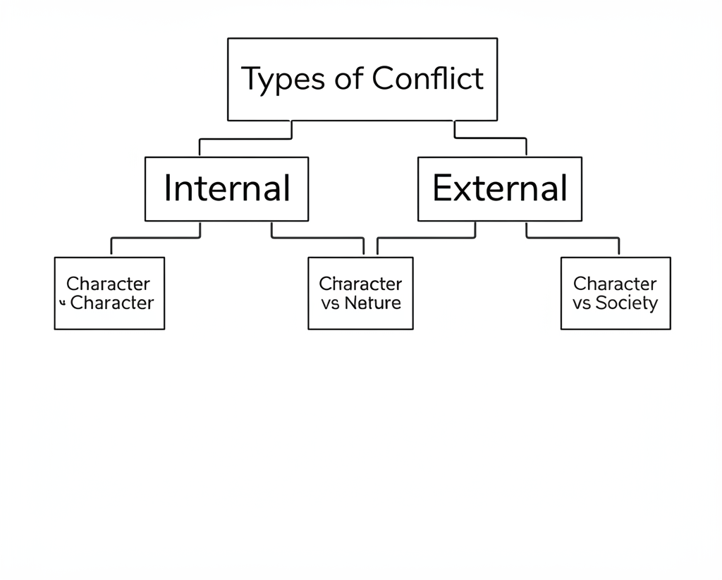Diagram showing types of conflict: Internal (Character vs. Self) and External (Character vs. Character, Nature, Society, Fate)