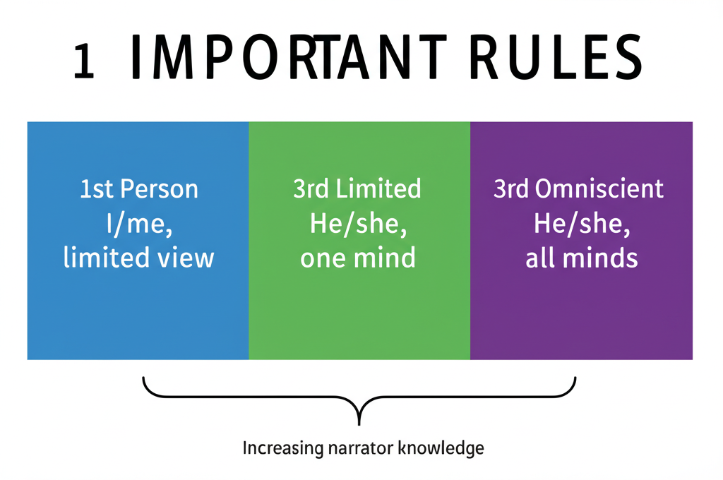 Diagram showing three types of point of view: First-Person, Third-Person Limited, and Third-Person Omniscient