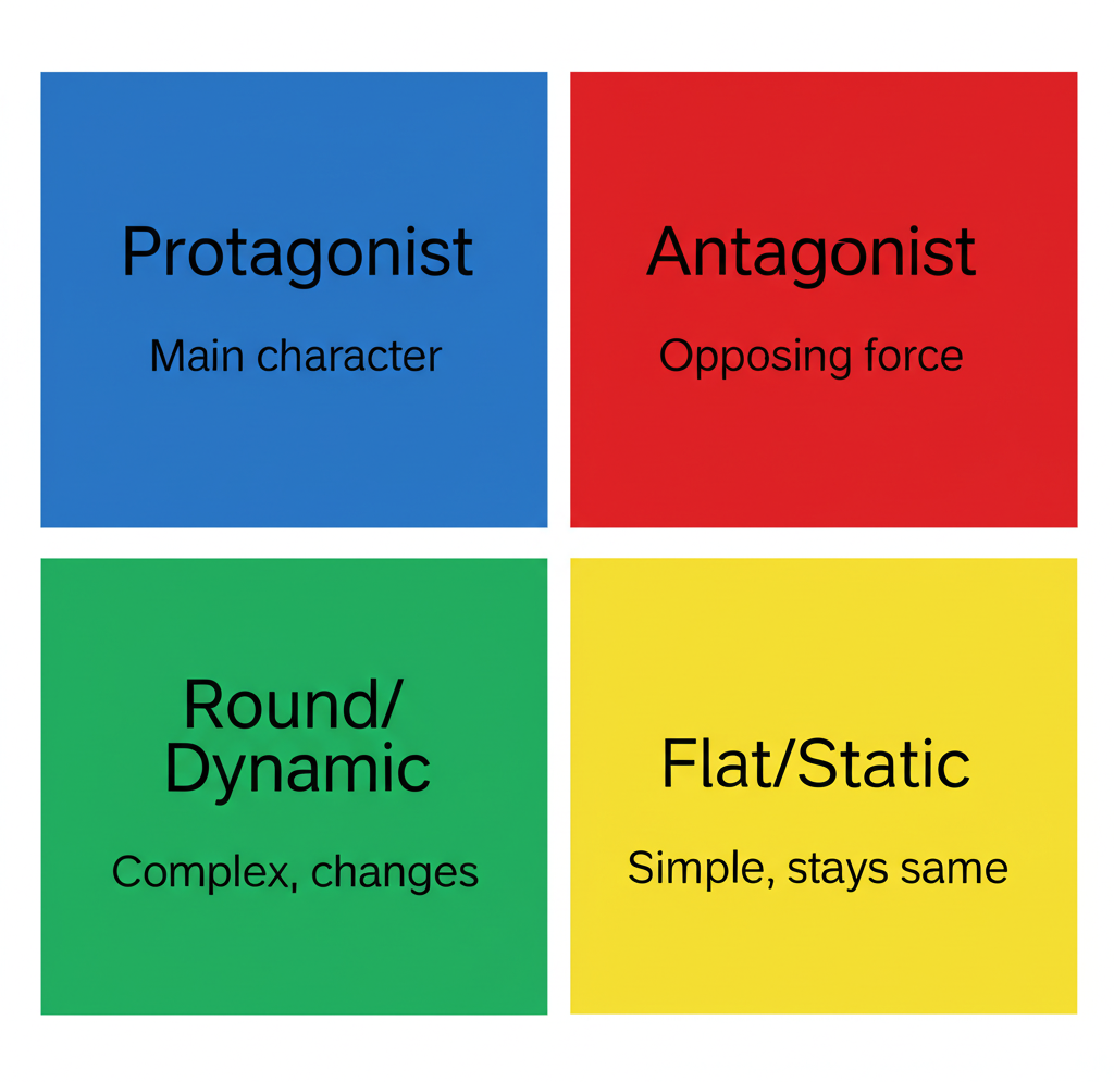 Diagram showing character types: Protagonist vs. Antagonist, Round vs. Flat, Dynamic vs. Static