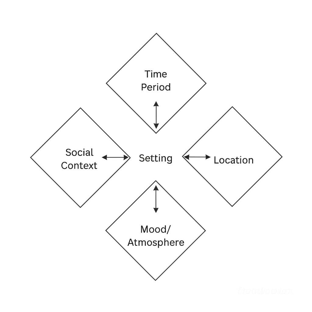 Diagram showing how setting elements (time, place, atmosphere, social context) influence mood and theme