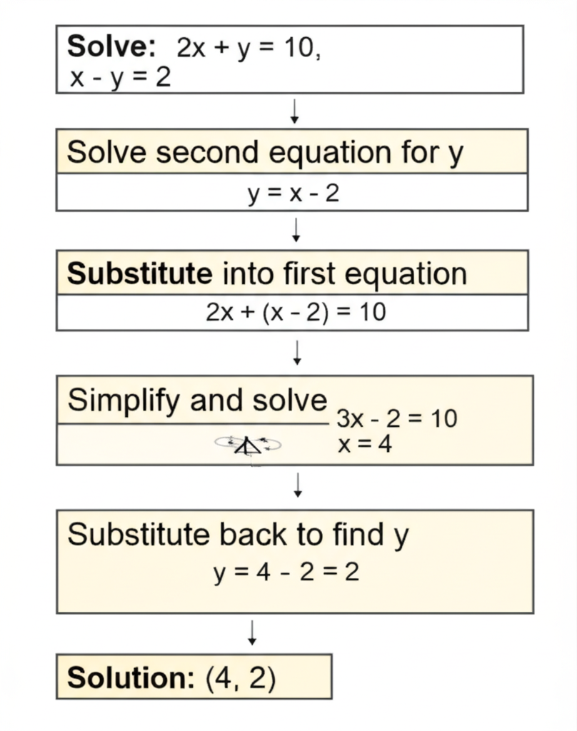 Flowchart showing the substitution method steps: solve for y, substitute, simplify, solve for x, substitute back to find y