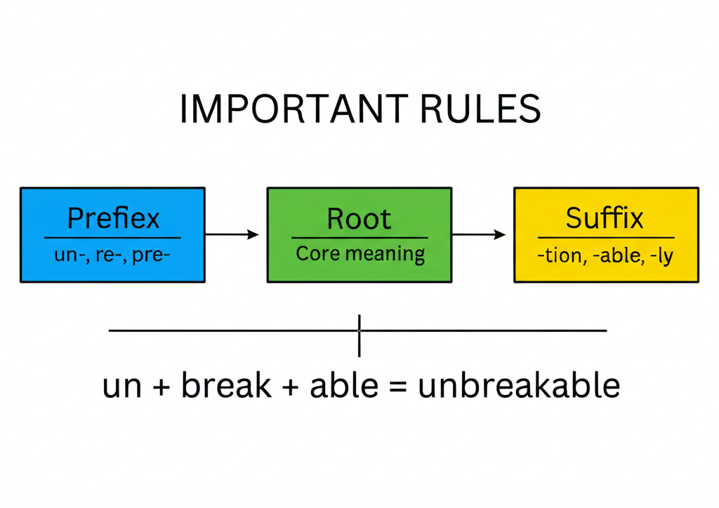 Diagram showing how words are built from prefixes, roots, and suffixes — for example, 'un' (prefix) + 'believe' (root) + 'able' (suffix)