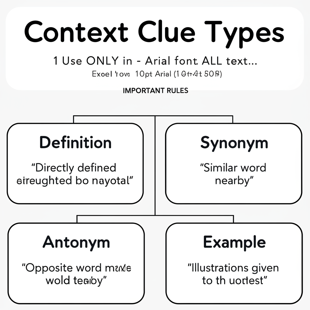 Diagram showing different types of context clues: synonyms, antonyms, definitions, examples, and inference from surrounding text