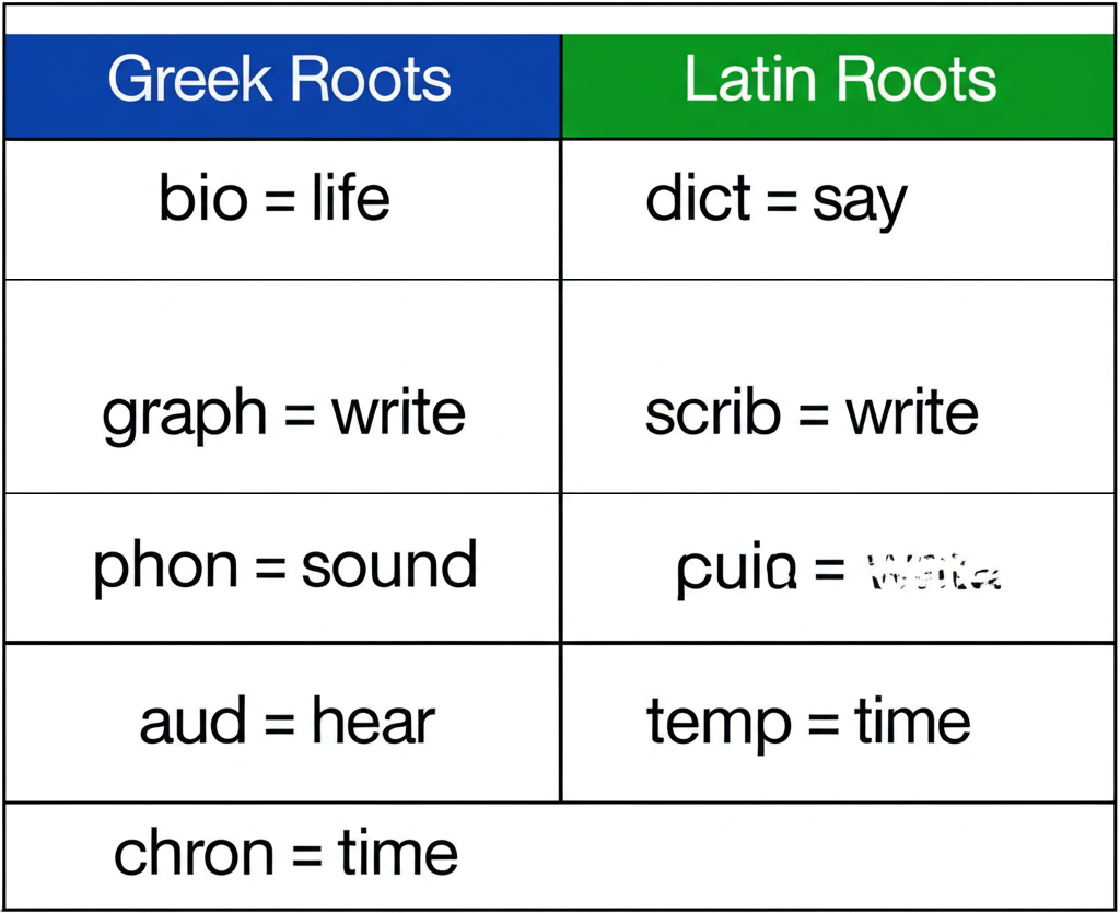 Chart of common Greek and Latin roots with example words — bene (good), mal (bad), dict (say/speak), graph (write), and more