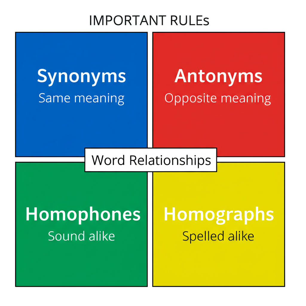 Diagram showing word relationships including synonyms, antonyms, analogies, and word families